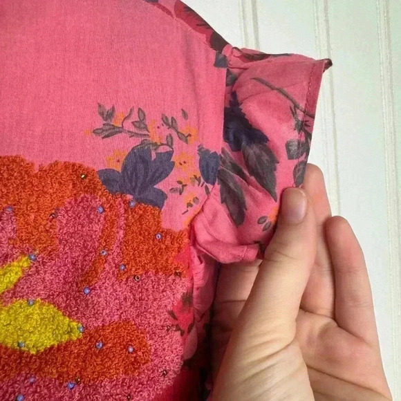 Oh My Stars pink floral embroidered 3/4 sleeve scallop hem button down small H50 - Picture 7 of 8